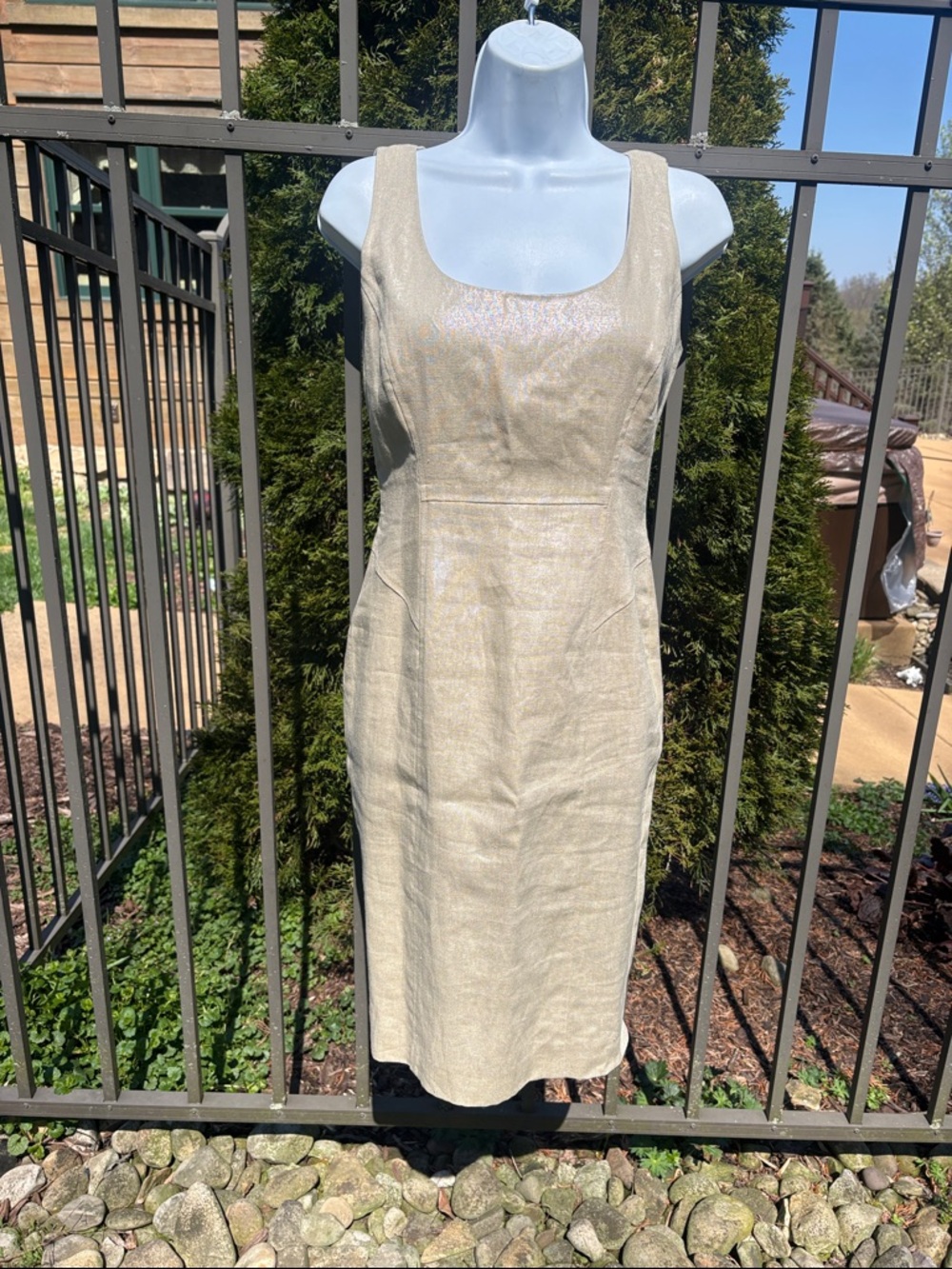 Calvin Klein Shimmering Metallic Beige Linen Sleeveless Sheath Dress Size 2
